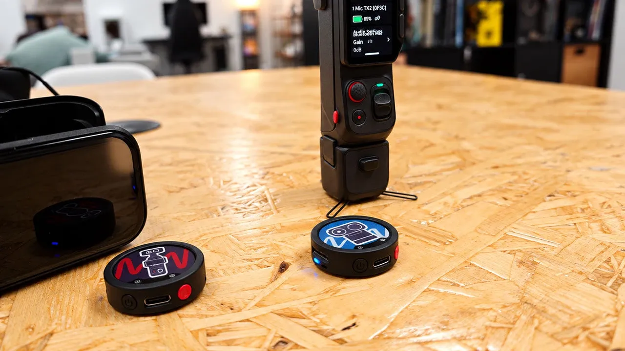Два микрофона Insta360 Mic рядом с компактной камерой и кейсом