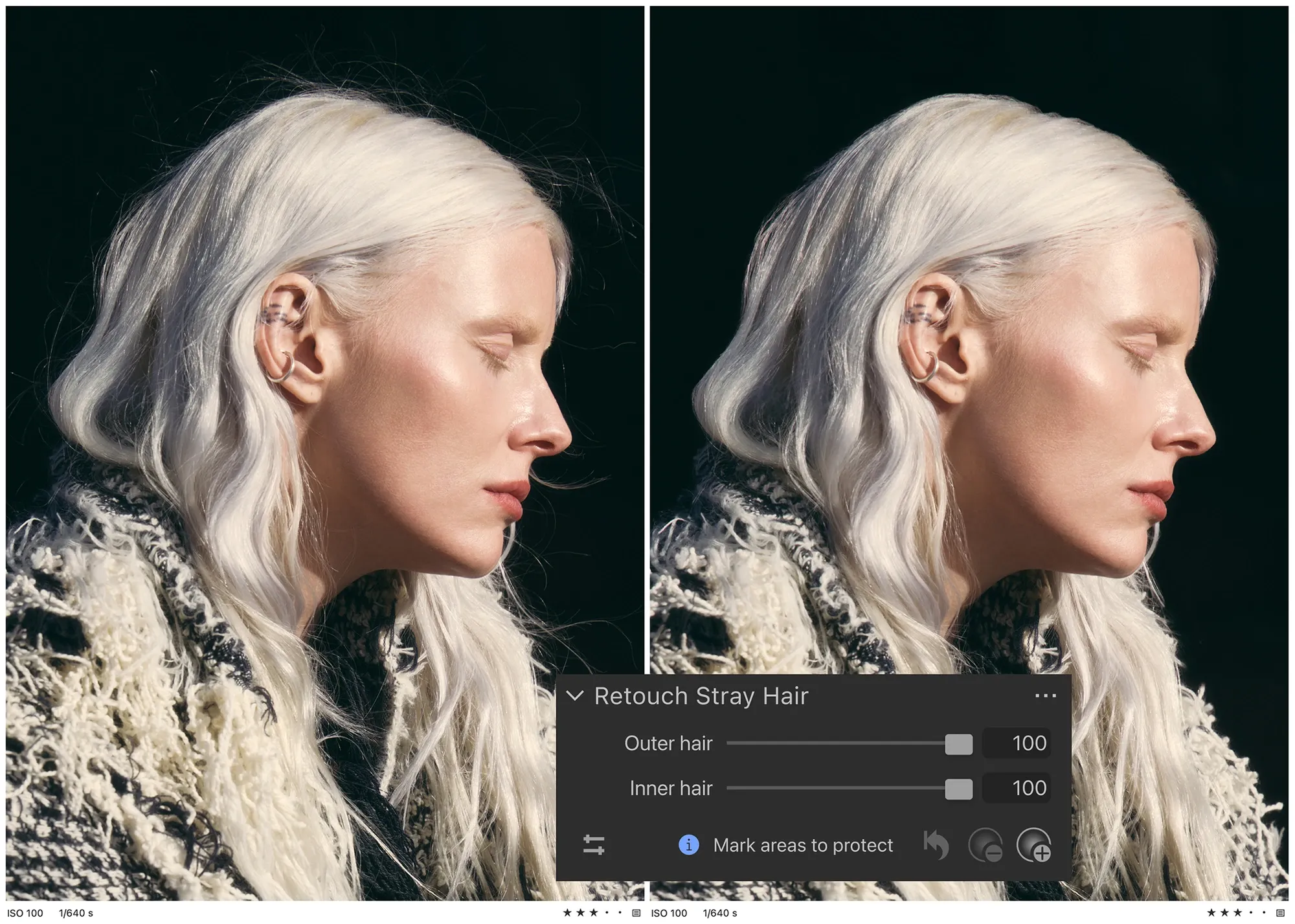 Демонстрация удаления выбившихся волос в Capture One 16.9