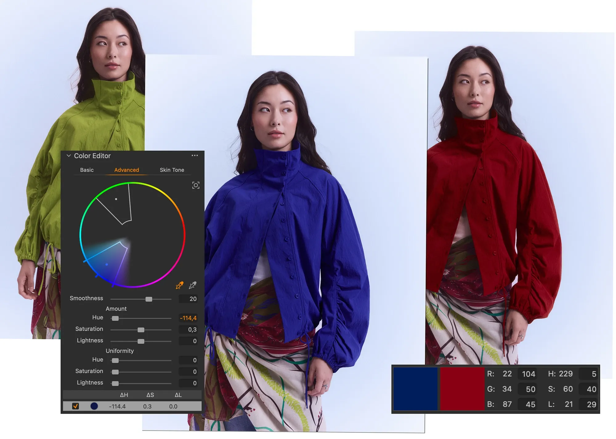 Один предмет одежды в трёх цветах в демонстрации Advanced Color Editor