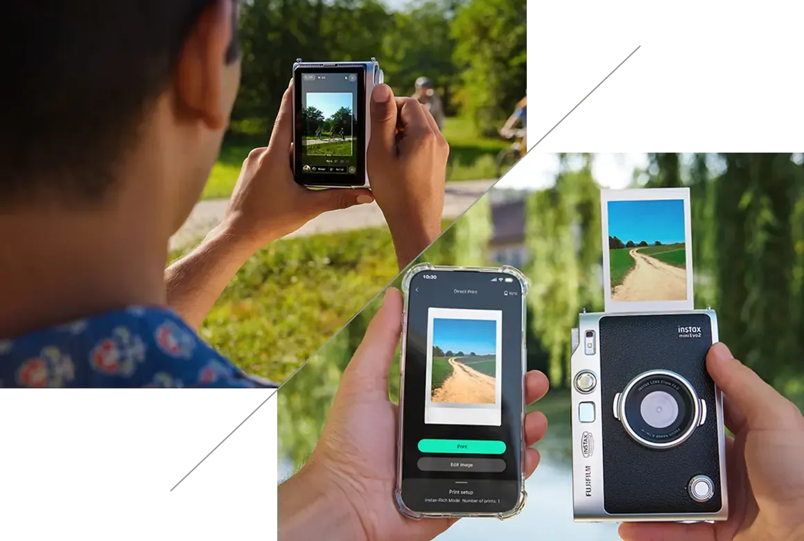 Официальная иллюстрация съёмки, цифрового просмотра и печати instax mini Evo 2